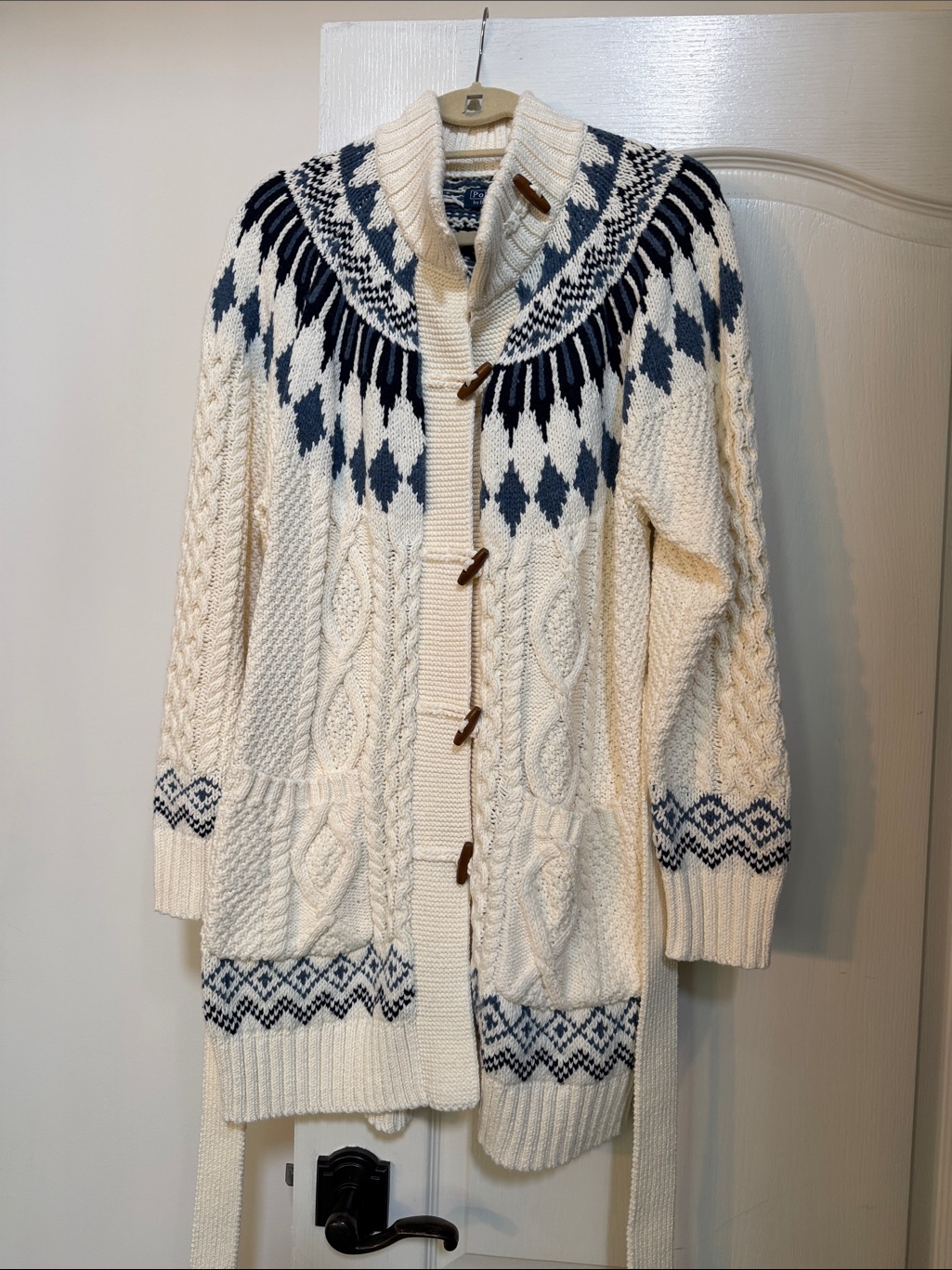 Classic Cream Cable Knit Cardigan With Navy Fair Isle Yoke